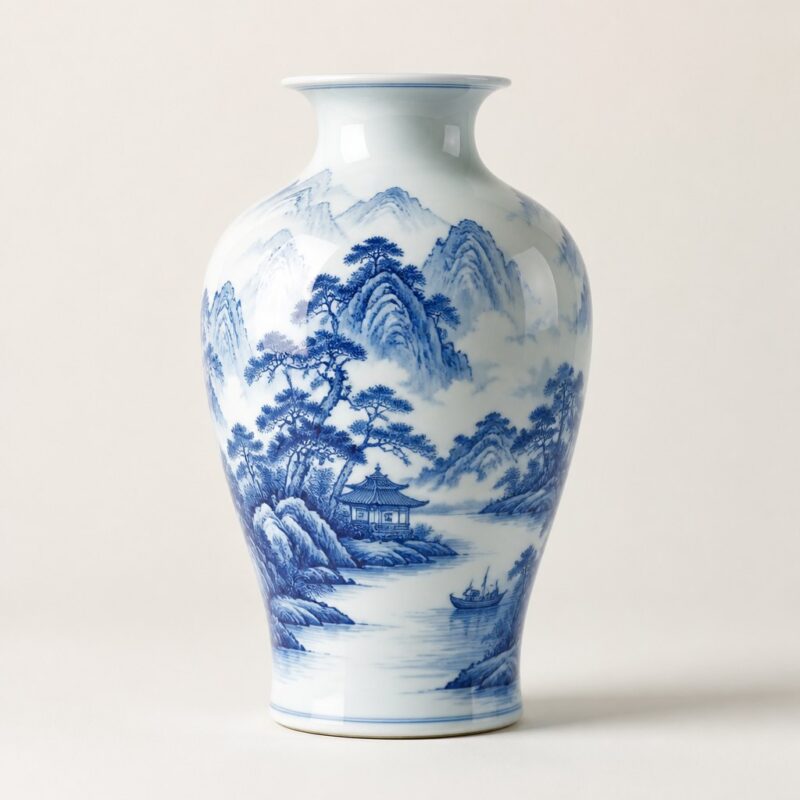 Hand-Painted Blue & White Landscape Vase