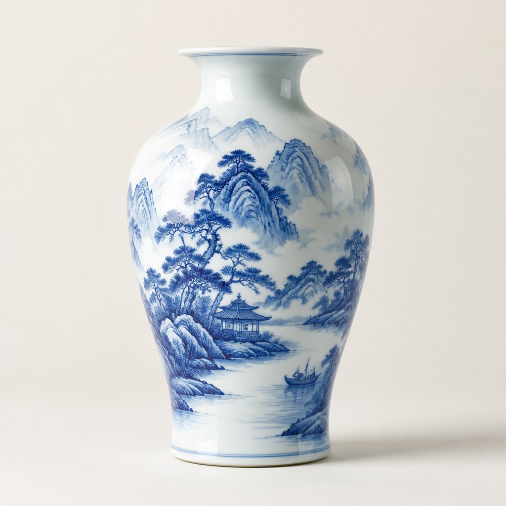 Hand-Painted Blue & White Landscape Vase