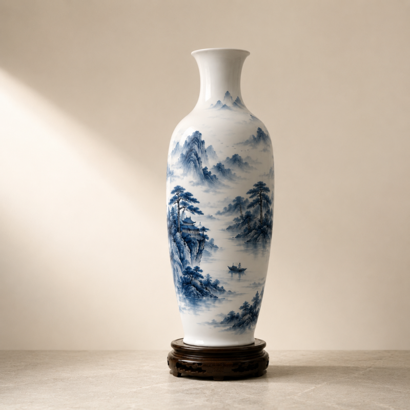 Mountain & River · Blue & White Landscape Porcelain Vase