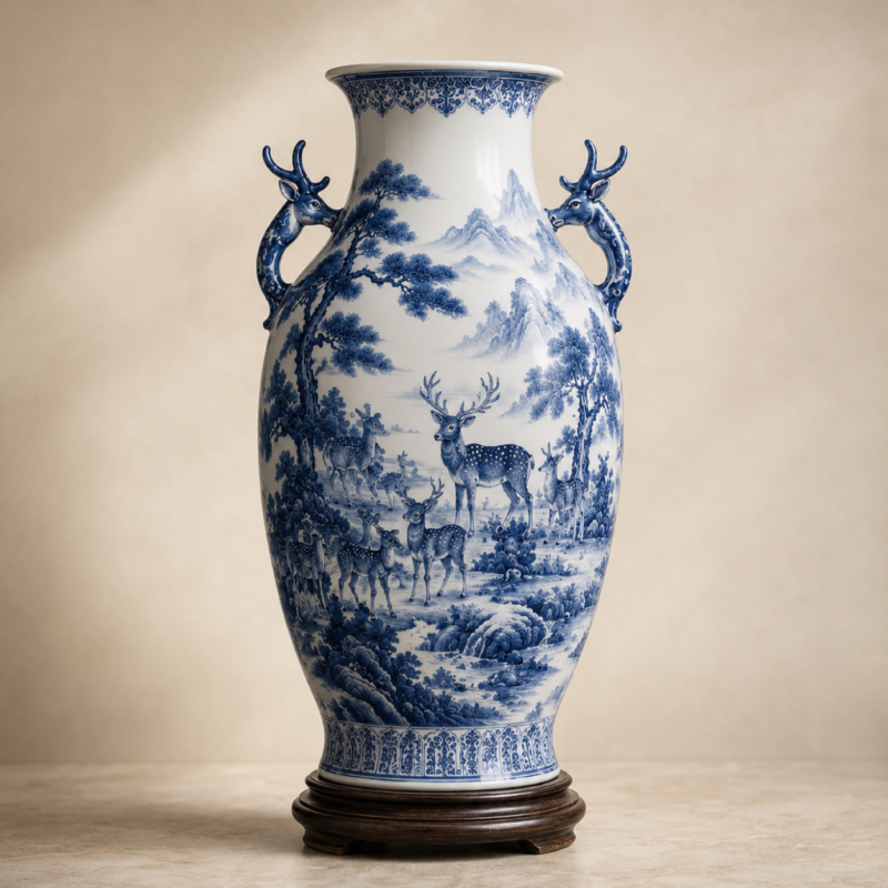 Hundred Deer · Blue & White Landscape Porcelain Vase