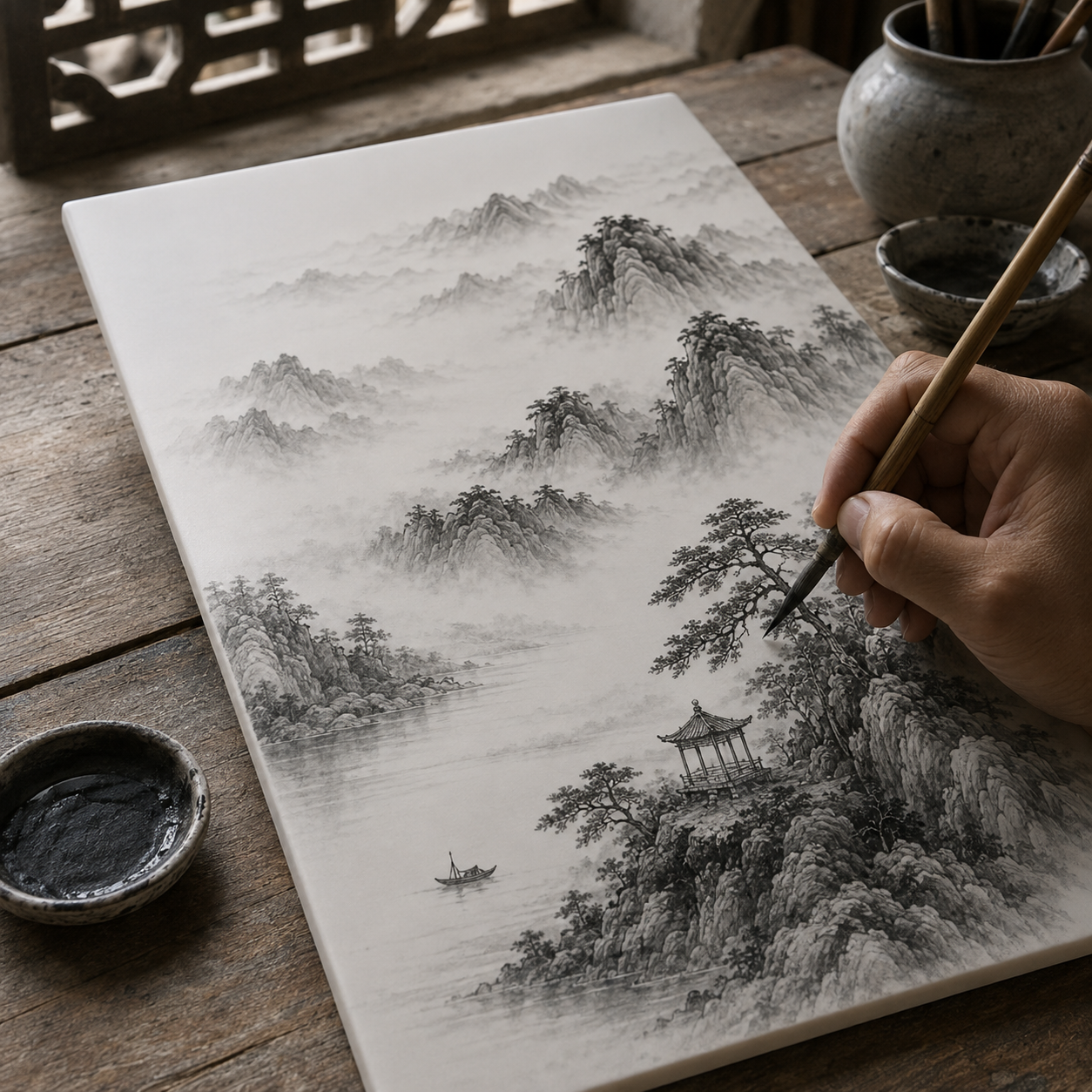 Enduring Mountains & Waters · Blue & White Porcelain Panel - Image 8