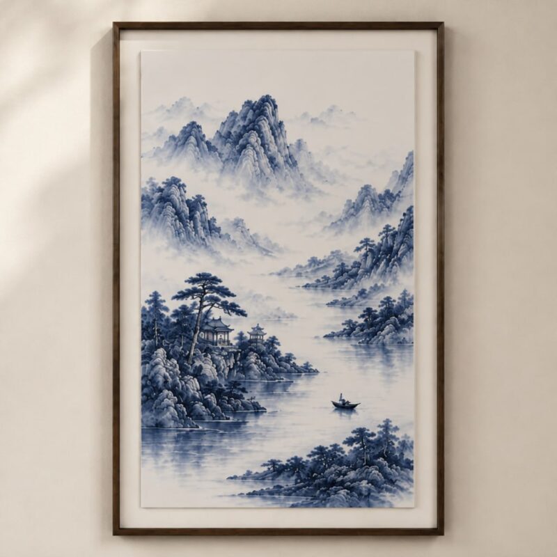 Misty Mountains · Blue & White Landscape Porcelain Panel