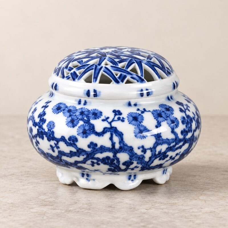 Blue-and-White Linglong Incense Burner with Magpies Perched on Plum Blossoms