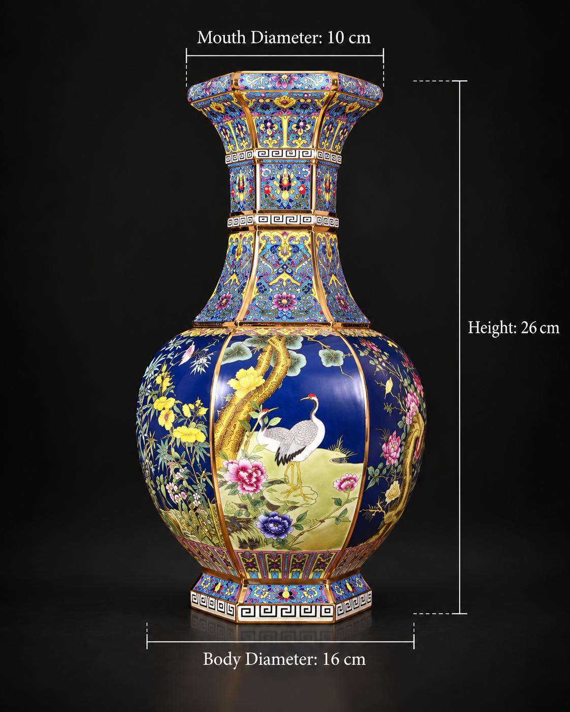 Blue Ground Crane and Floral Panel Vase — dimensions shown