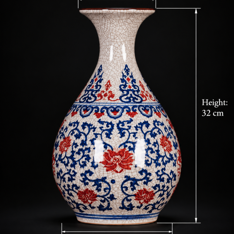 Blue and Red Crackle-Effect Broad-Bellied Floral Vase