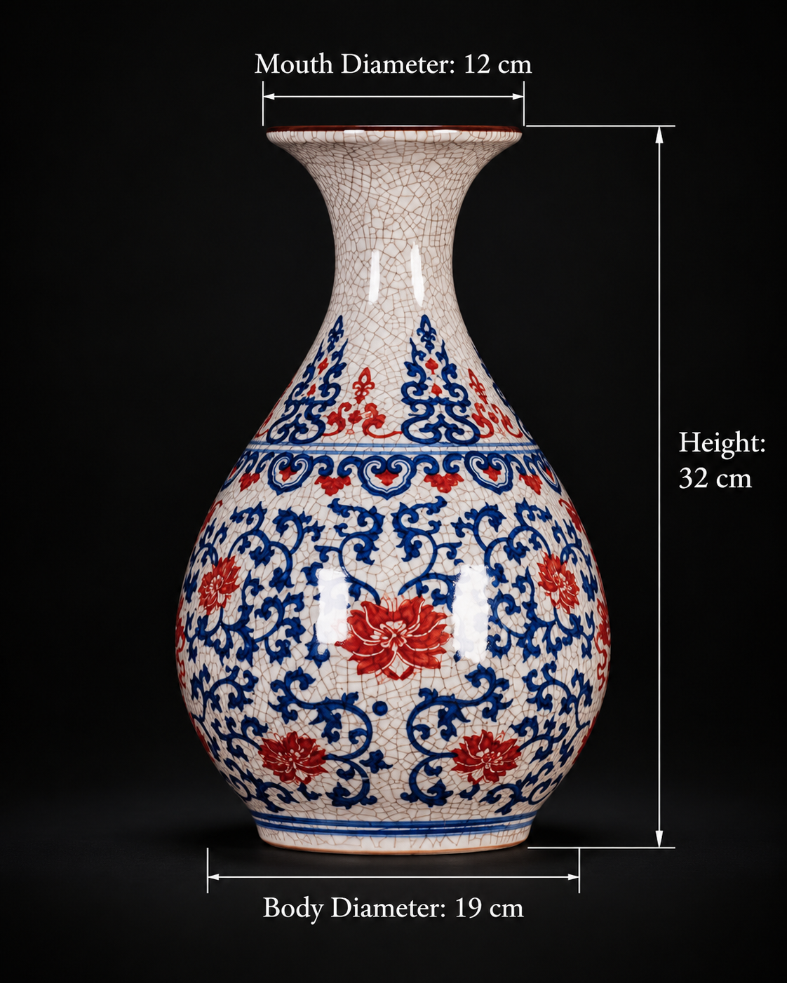 Blue and Red Crackle-Effect Broad-Bellied Floral Vase with dimensions
