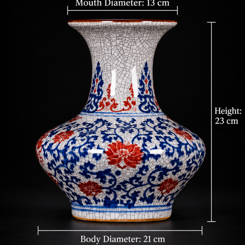 Blue and Red Crackle-Effect Twin-Handle Floral Vase