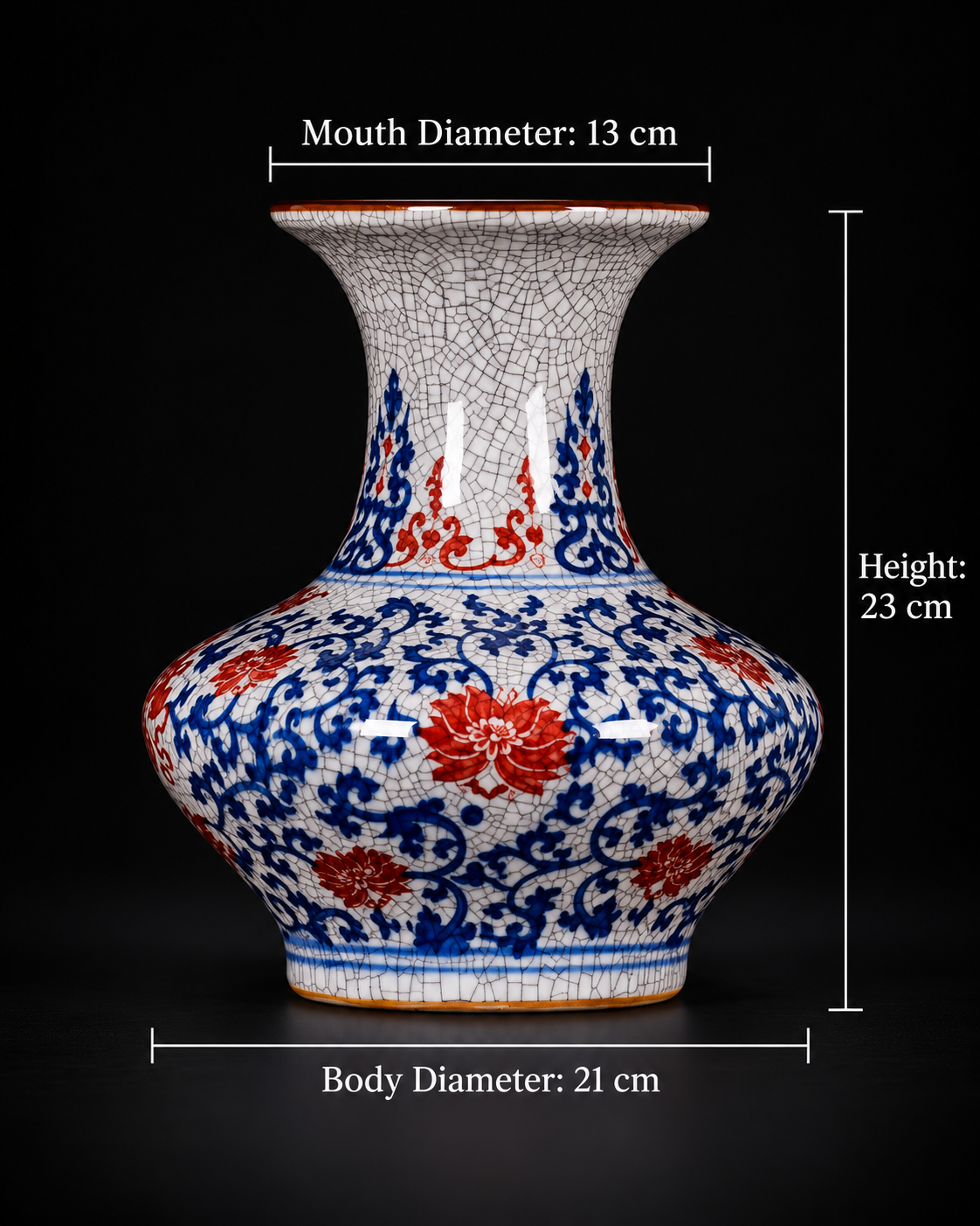 Blue and Red Crackle-Effect Floral Meiping Vase with dimensions