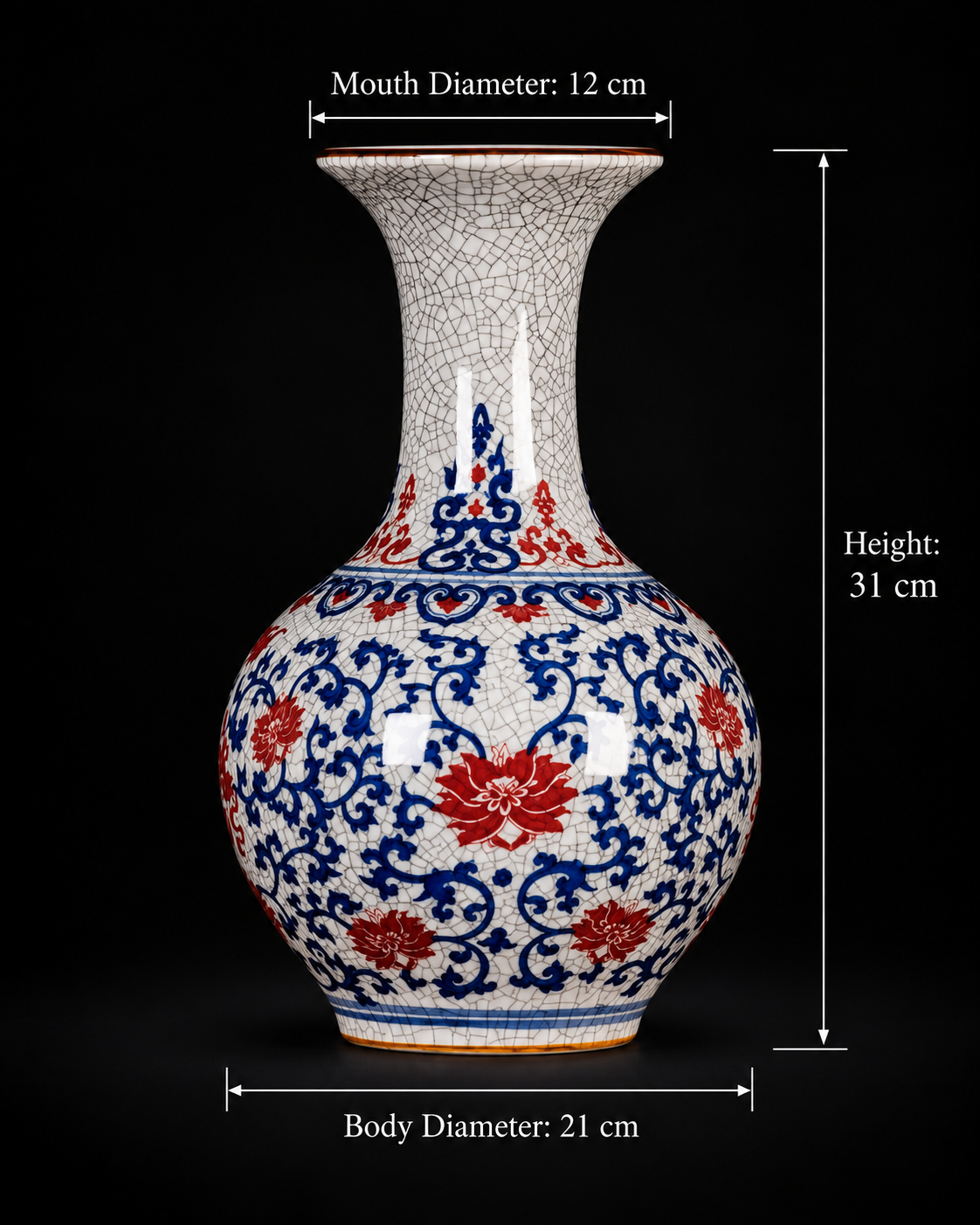 Blue and Red Crackle-Effect Floral Winter Melon Vase with dimensions