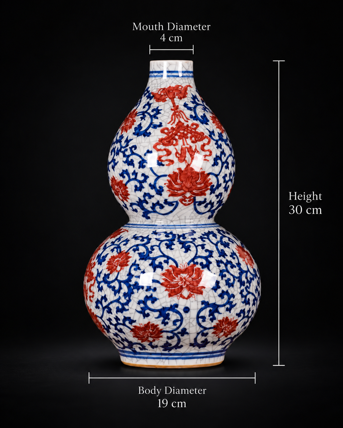 Blue and Red Crackle-Effect Pear-Shaped Floral Vase with dimensions