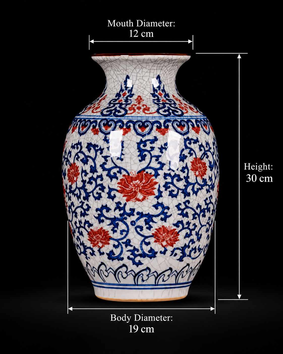 Blue and Red Crackle-Effect Twin-Handle Floral Vase with dimensions