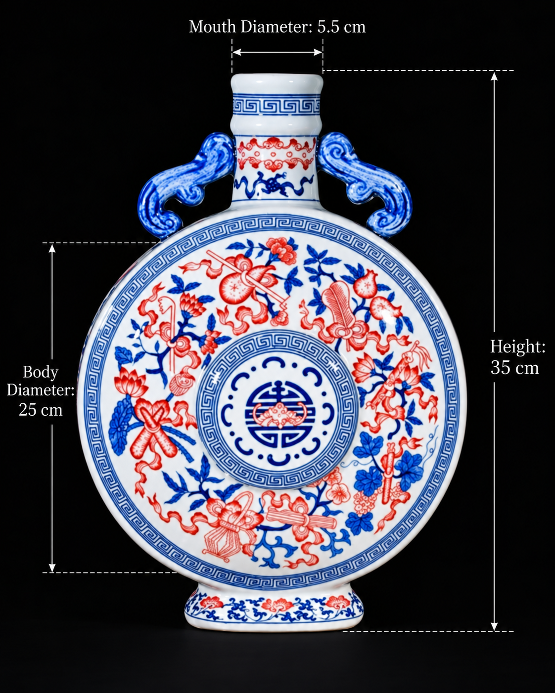 Blue and Red Twin-Handle Moon Flask Vase — printed porcelain, dimensions shown