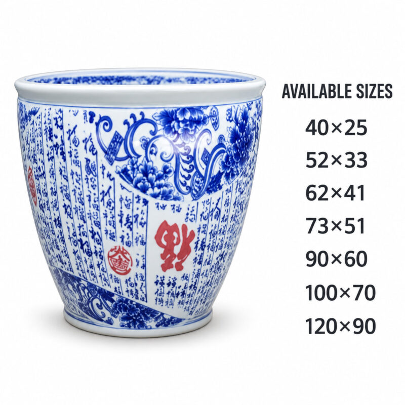 Blue and White Calligraphy and Floral Ceramic Planter