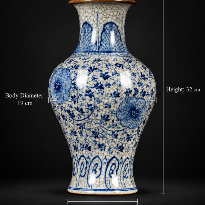 Blue and White Crackle-Effect Floral Baluster Vase