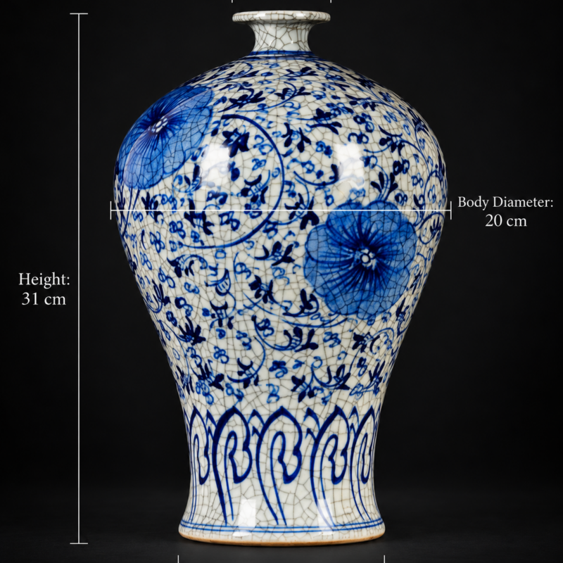 Blue and White Crackle-Effect Floral Meiping Vase