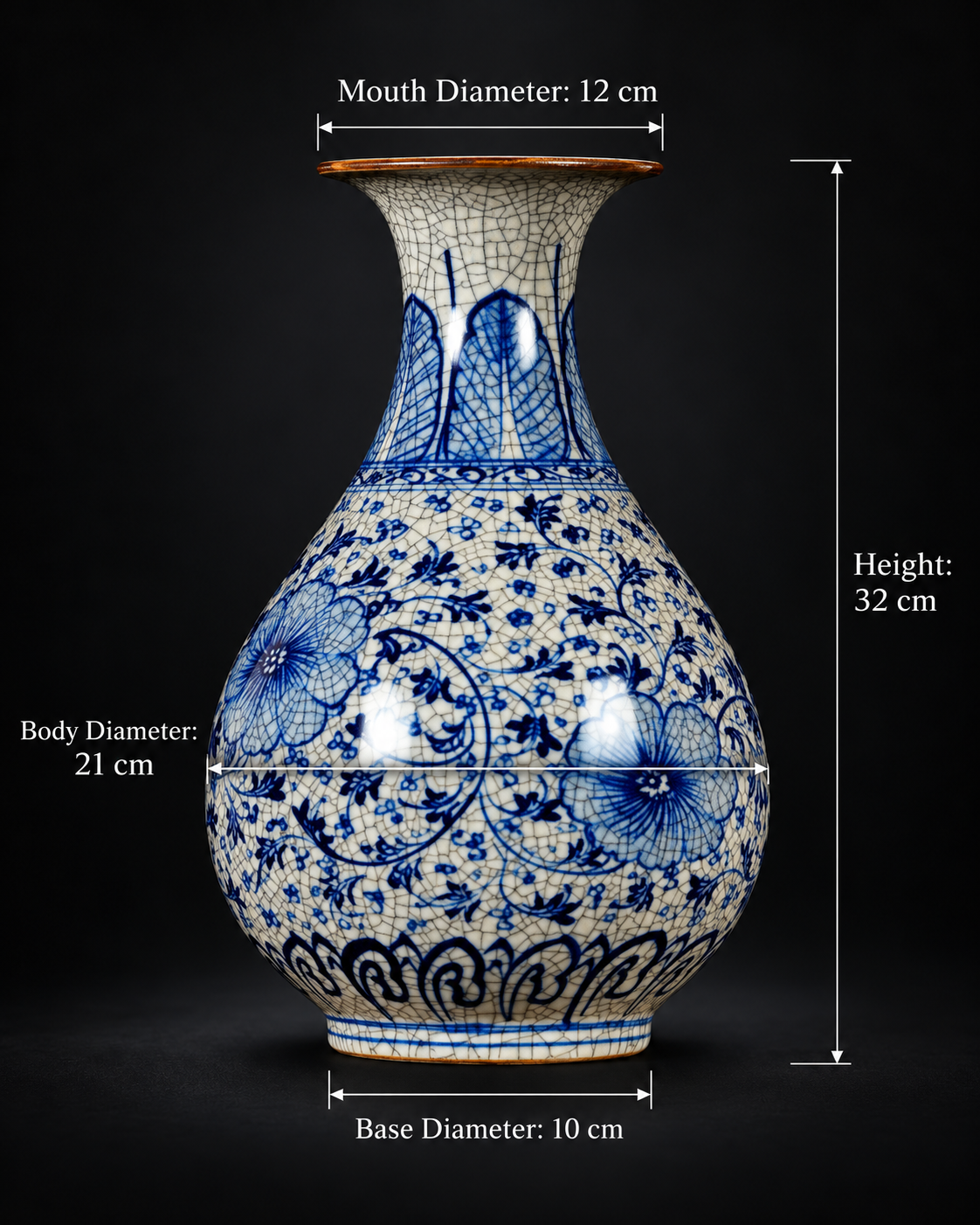 Blue and White Crackle-Effect Pear-Shaped Floral Vase — dimensions shown