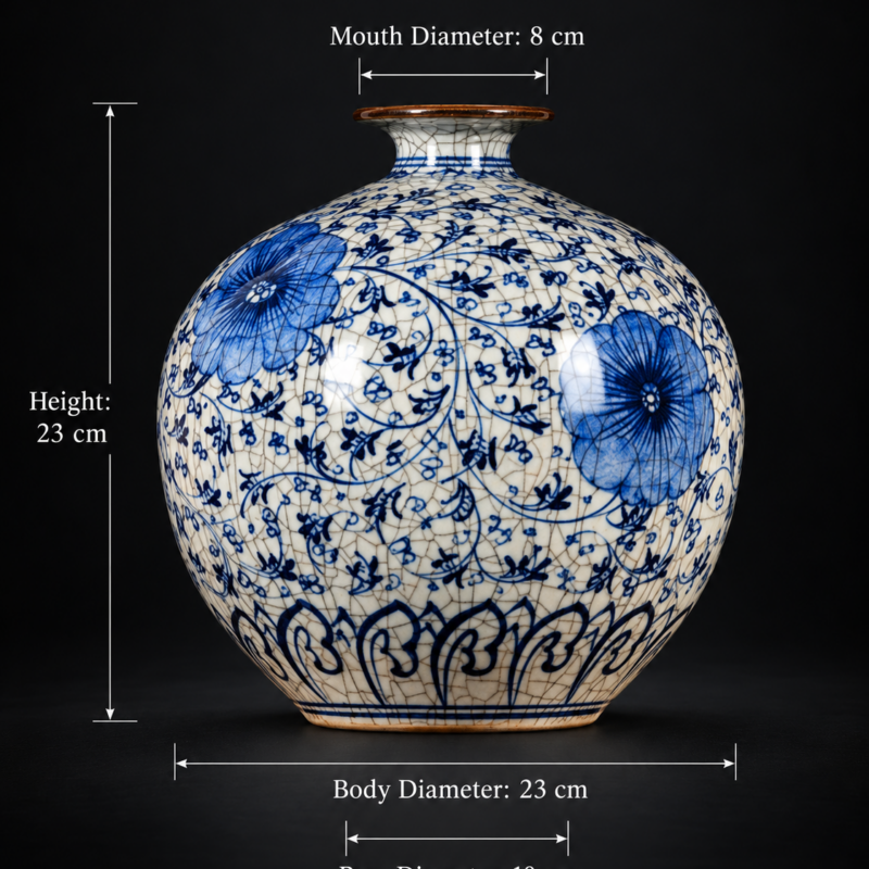 Blue and White Crackle-Effect Round Floral Vase