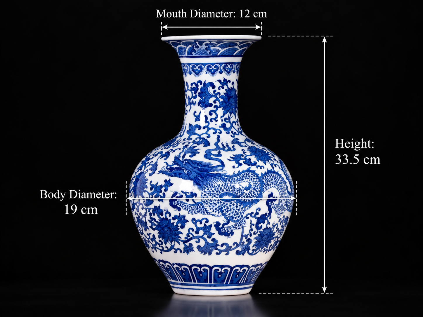 Blue and White Dragon Display Vase — printed porcelain, dimensions shown