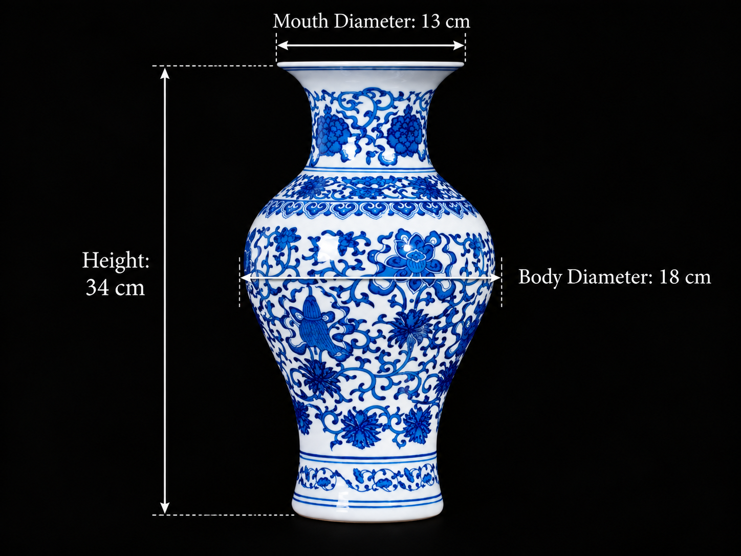 Blue and White Floral Fish-Tail Vase — printed porcelain, dimensions shown