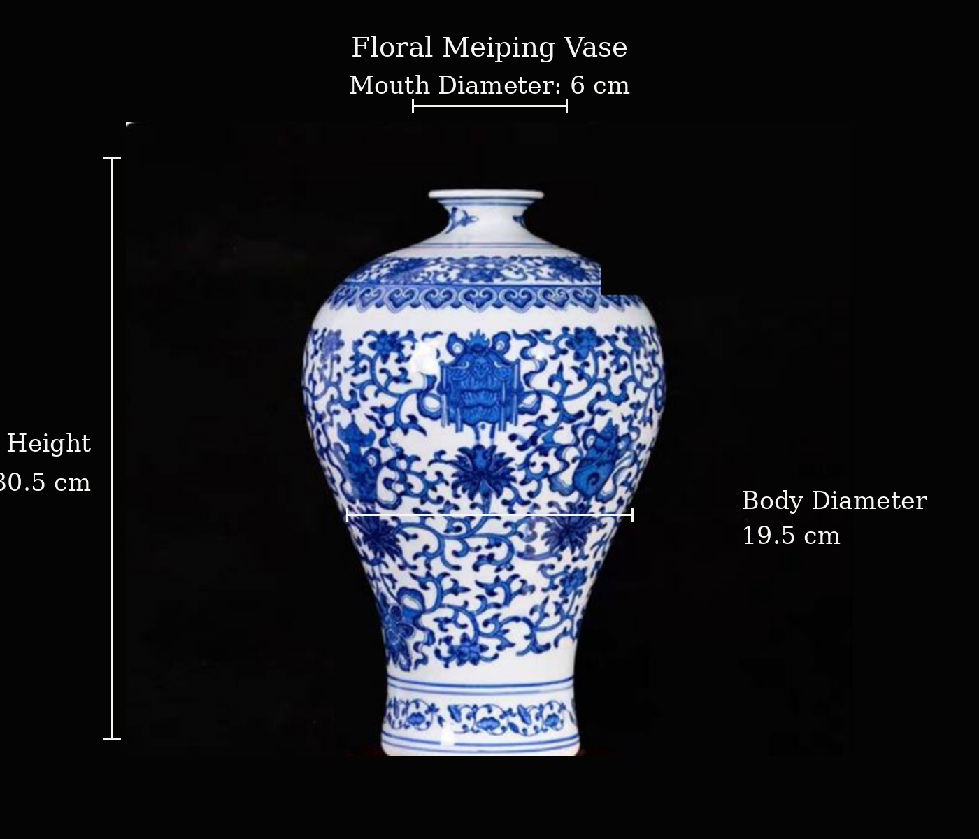Blue and White Floral Meiping Vase — printed porcelain, dimensions shown