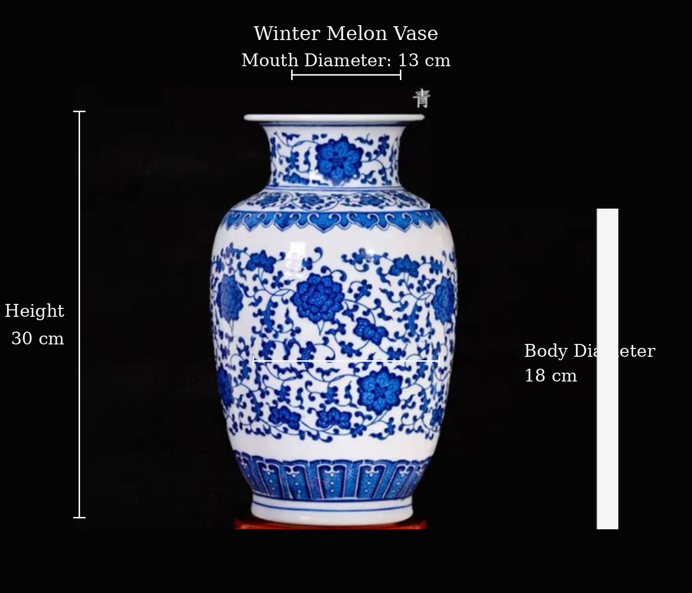 Blue and White Floral Winter Melon Vase — printed porcelain, dimensions shown