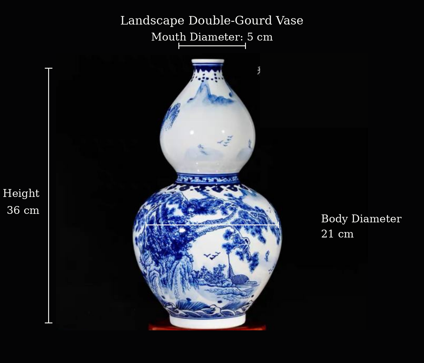 Blue and White Landscape Double-Gourd Vase — printed porcelain, dimensions shown