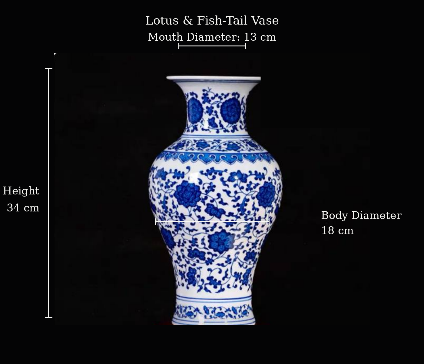 Blue and White Lotus Fish-Tail Vase — printed porcelain, dimensions shown
