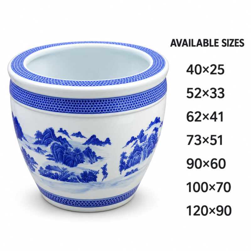 Blue and White Mountain Landscape Ceramic Planter