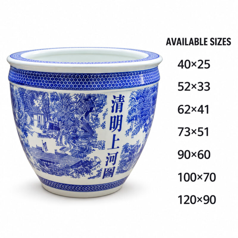 Blue and White Riverside Scene Ceramic Planter