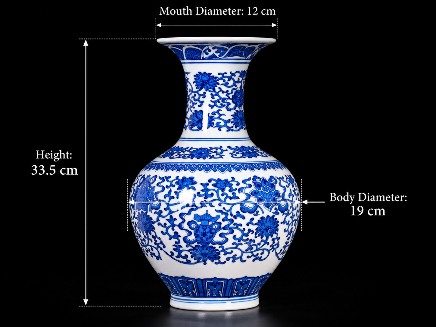 Blue and White Scrolling Floral Display Vase — printed porcelain, dimensions shown