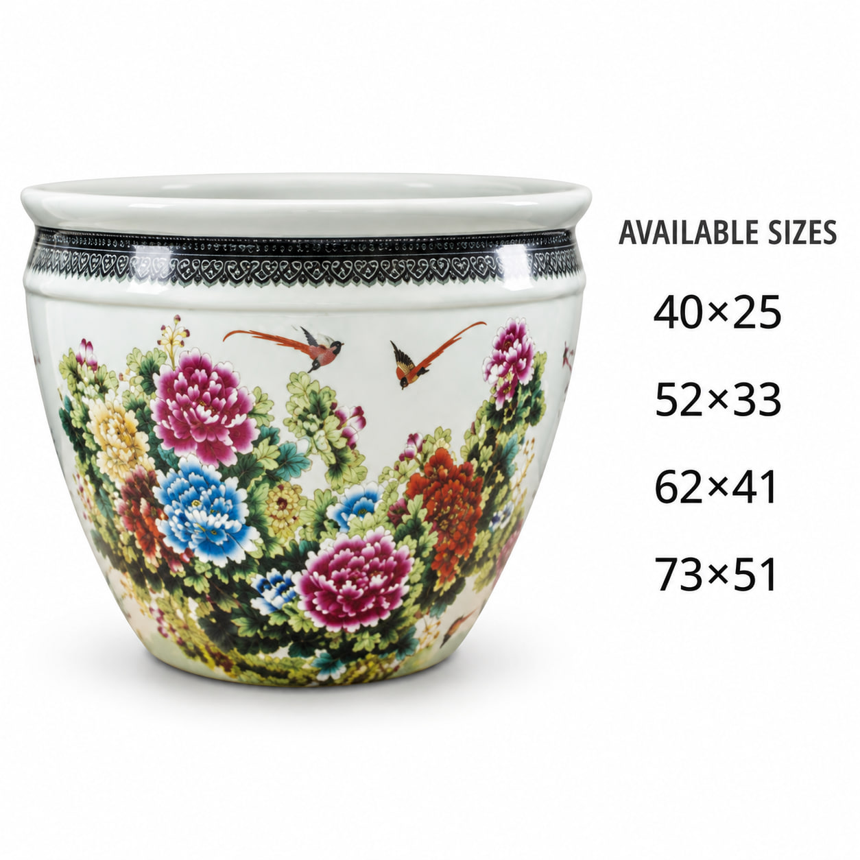 Colorful Peony and Birds Ceramic Planter