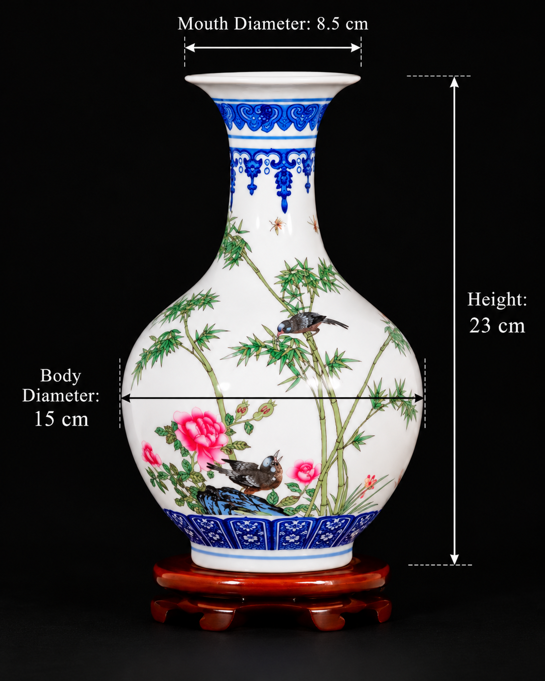 Colourful Bamboo and Bird Display Vase — printed porcelain, dimensions shown