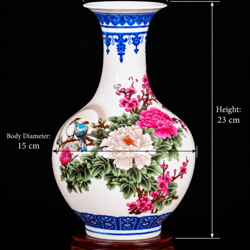 Colourful Peony and Bird Display Vase