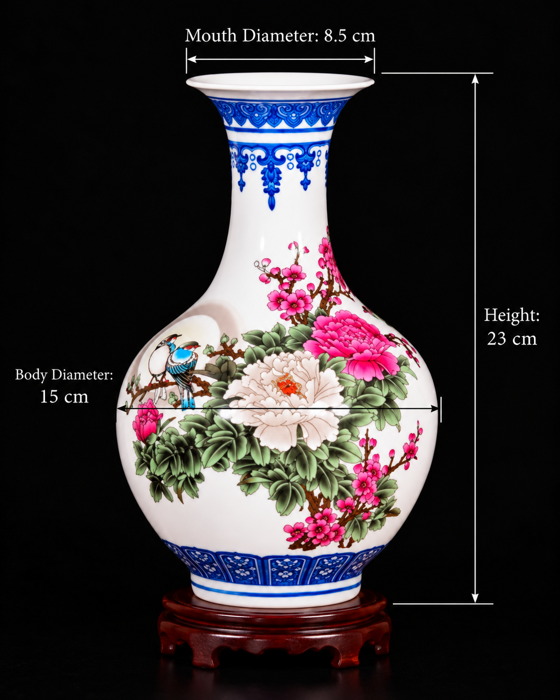 Colourful Peony and Bird Display Vase — printed porcelain, dimensions shown