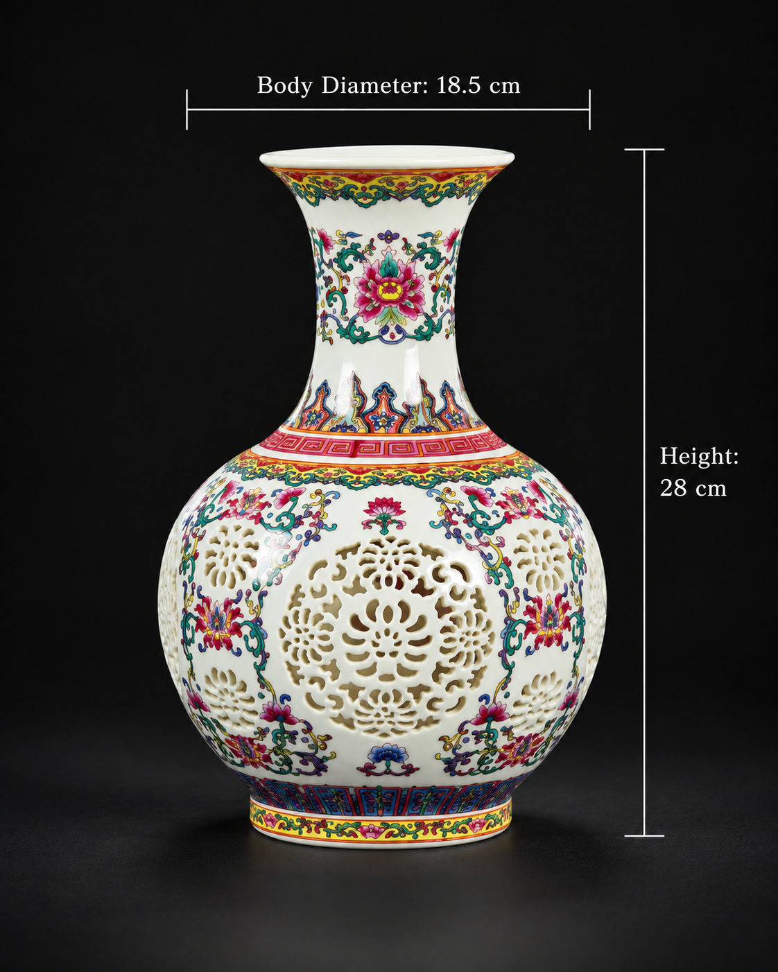Famille Rose Style Openwork Display Vase — dimensions shown