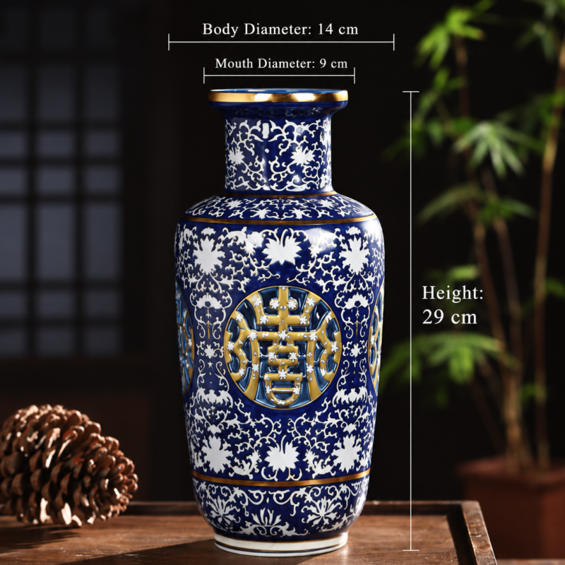 Deep Blue and White Openwork Character Vase