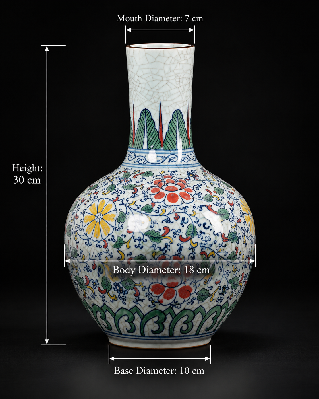 Multicolour Crackle-Effect Floral Bottle Vase with dimensions
