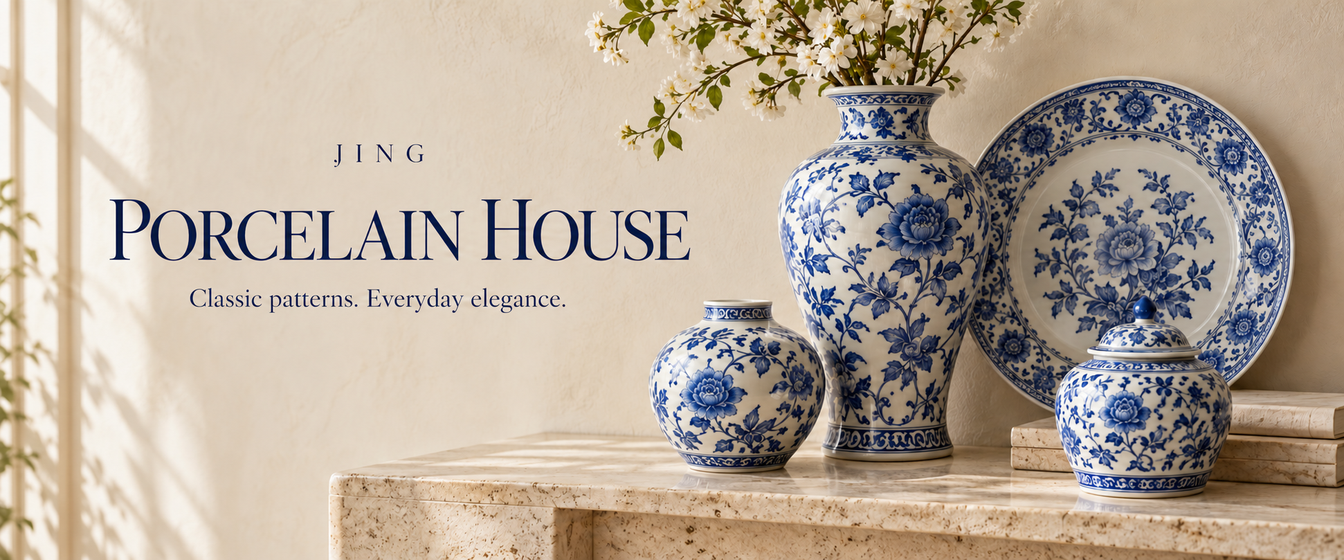 JING Porcelain House — blue and white floral porcelain in an ivory interior