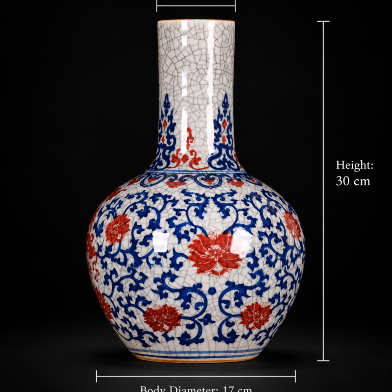 Crackle Glaze Blue and Red Floral Bottle Vase
