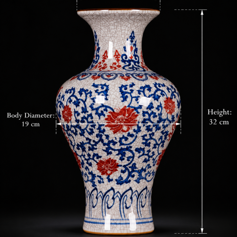 Crackle Glaze Blue and Red Floral Twin-Handle Vase
