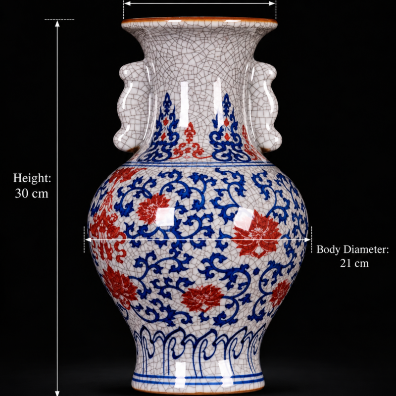 Crackle Glaze Blue and Red Floral Flared Vase