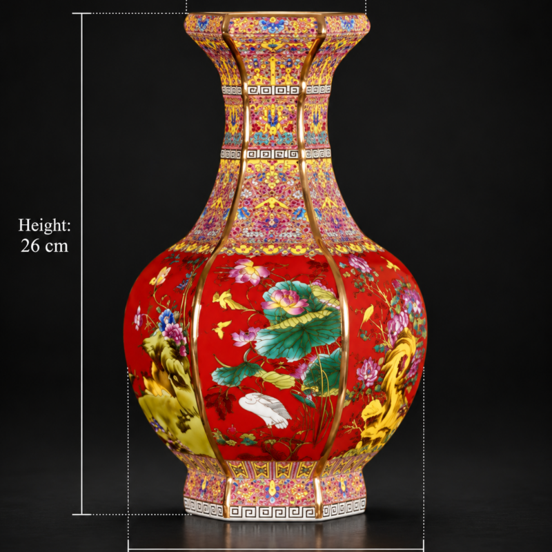 Red Ground Bird and Floral Panel Vase