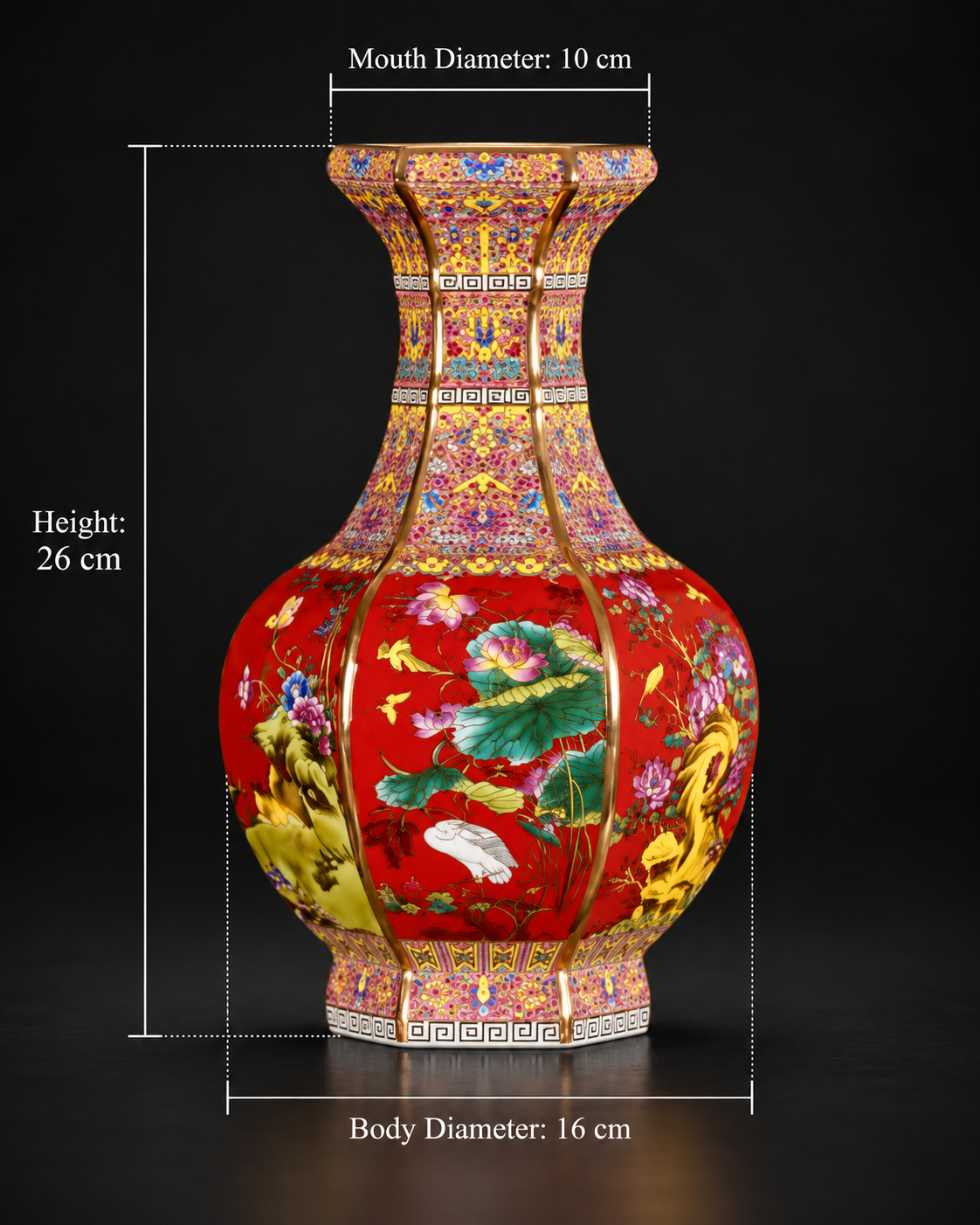 Red Ground Bird and Floral Panel Vase — dimensions shown
