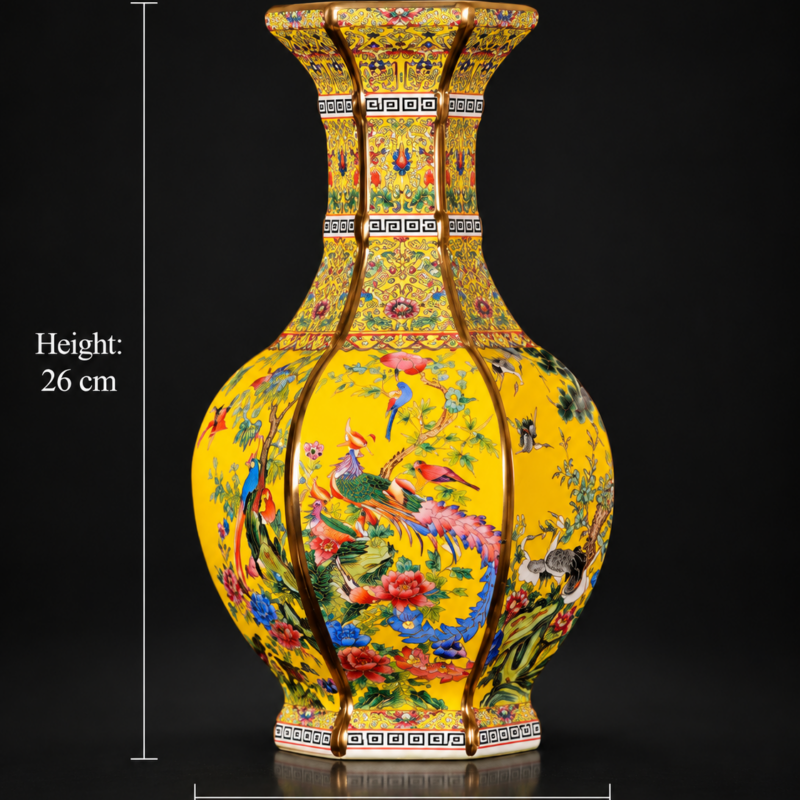 Yellow Ground Bird and Floral Panel Vase
