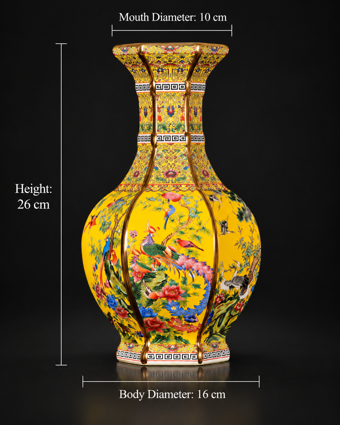 Yellow Ground Bird and Floral Panel Vase — dimensions shown